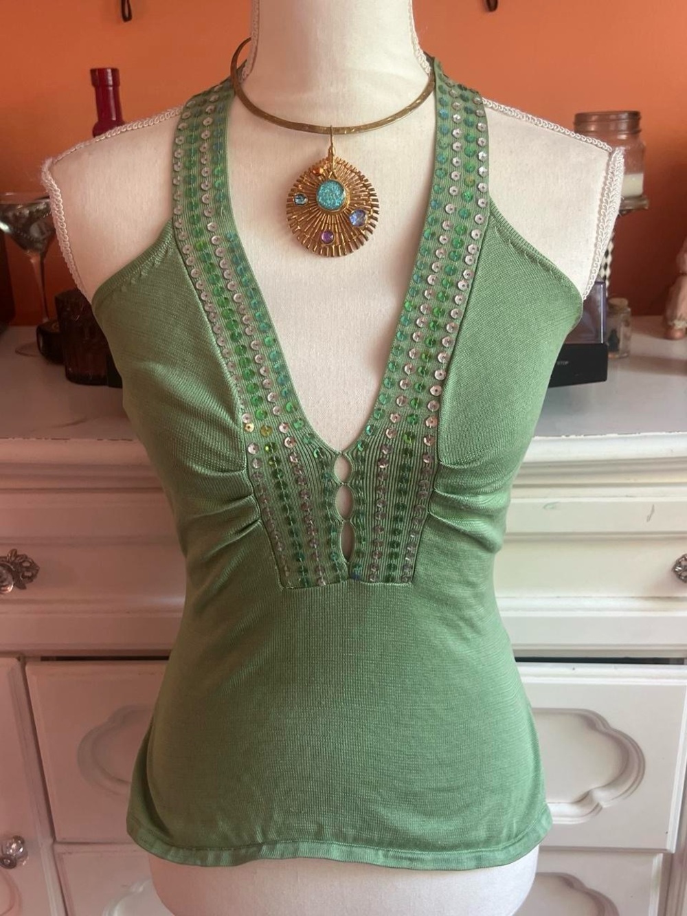 bebe Green Embellished Halter Tank Top